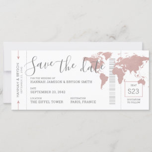 Boarding Pass Save the Date Pink Map Ticket