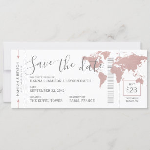 Boarding Pass Save the Date Pink Map Ticket