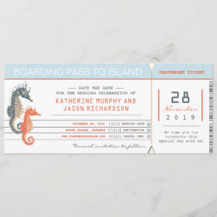 boarding pass save the date tickets with seahorses