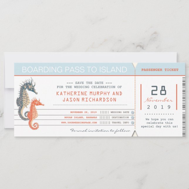 boarding pass save the date tickets with seahorses (Front)