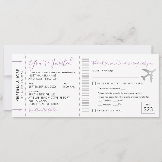 Boarding Pass Ticket All-In-One Invitation Lilac (Front)
