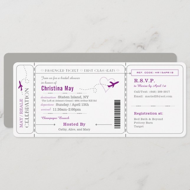 Boarding Pass Ticket Bridal Shower Invitation (Front/Back)