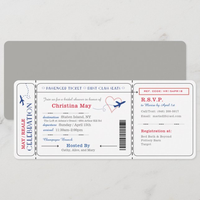 Boarding Pass Ticket Bridal Shower Invite Red Blue (Front/Back)