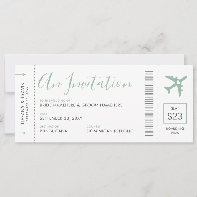Boarding Pass Ticket Destination Soft Green Invita Invitation (Front)