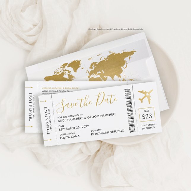 Boarding Pass Ticket Save the Date Gold Plane Card (Creator Uploaded)