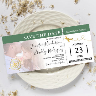 Boarding Pass Tickets   Green Save the Date Photo Invitation