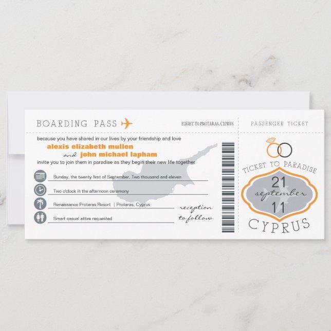 Boarding Pass to Cyprus Wedding Invitation (Front)