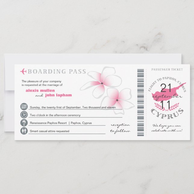 Boarding Pass to Cyprus Wedding Invitation (Front)