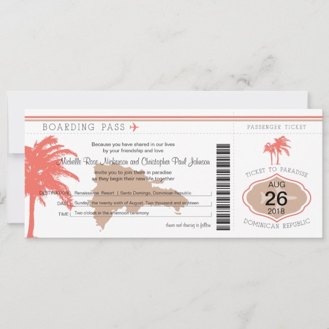 Boarding Pass to Dominican Republic Wedding Invitation (Front)