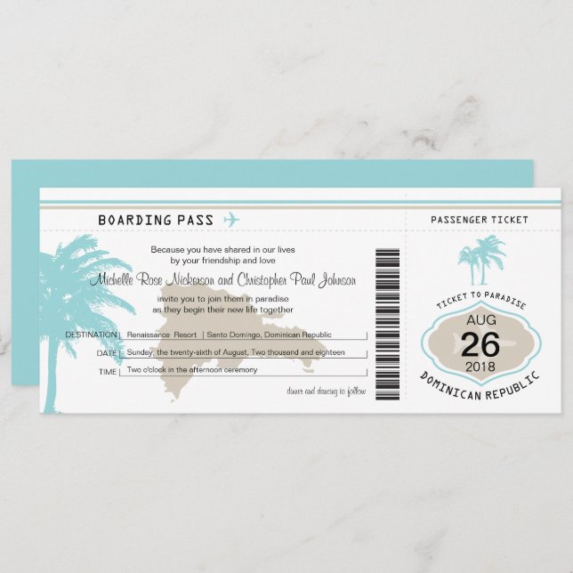 Boarding Pass to Dominican Republic Wedding Invitation (Front/Back)