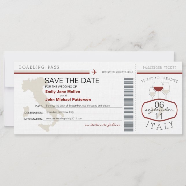 Boarding Pass to Italy Wedding Invitation (Front)