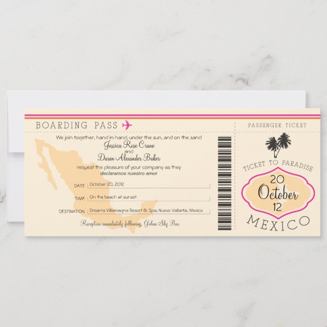 Boarding Pass to Mexico Wedding Invitation (Front)