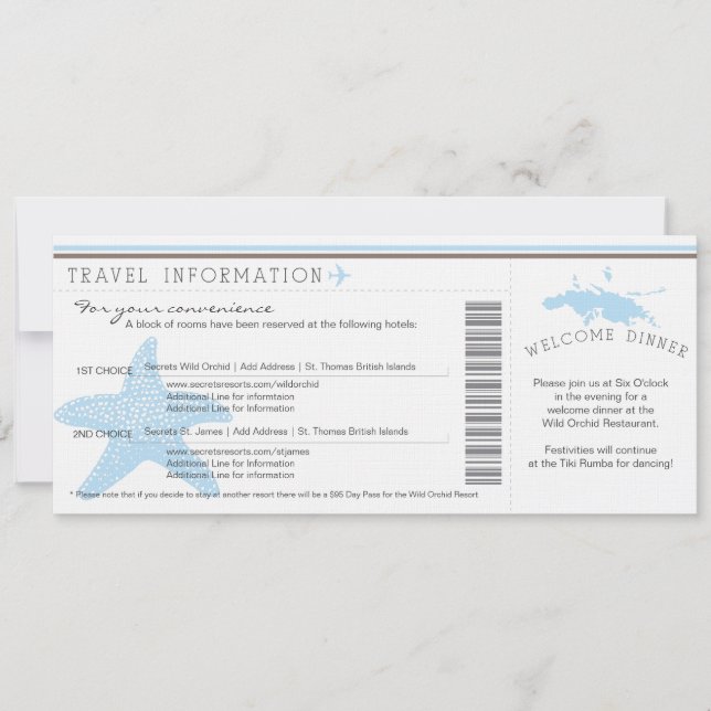 Boarding Pass to St. Thomas Wedding Travel Info Invitation (Front)