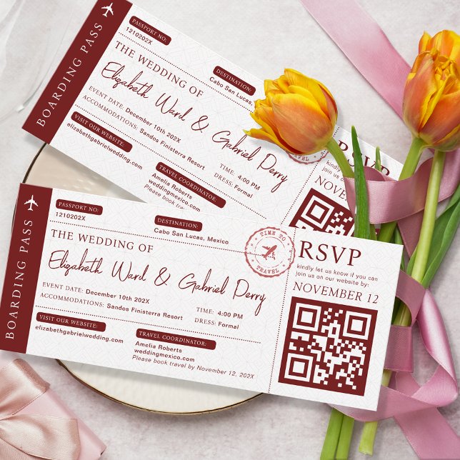 Boarding Pass Travel Burgundy Wedding Invitation (Creator Uploaded)