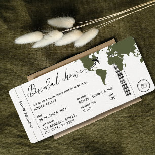 Boarding Pass Travel Themed Bridal Shower Olive Invitation
