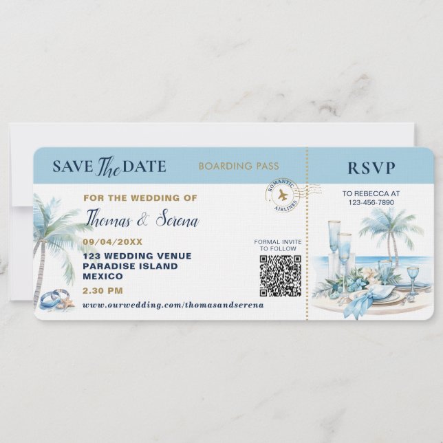 Boarding Pass Tropical Destination QR Code Wedding Invitation (Front)