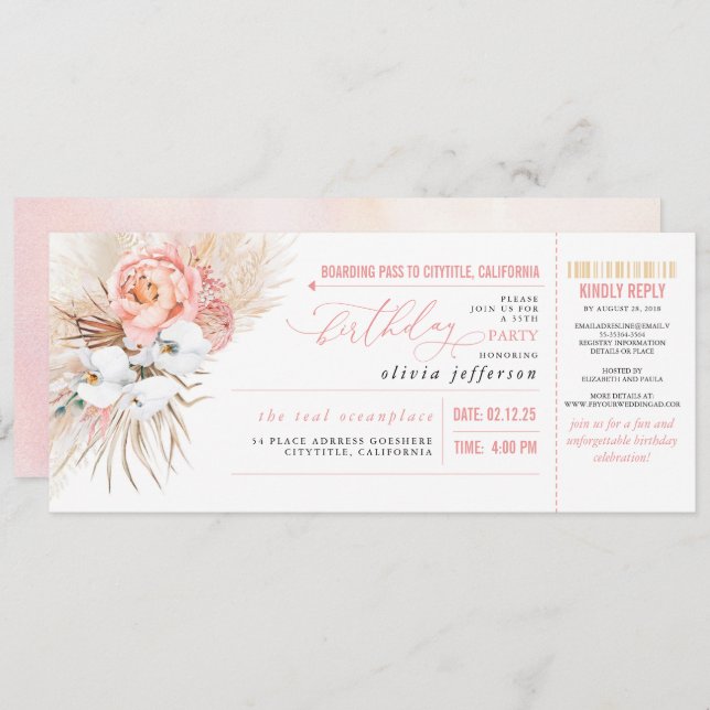 Boarding Pass Tropical Floral Birthday Ticket Invi Invitation (Front/Back)