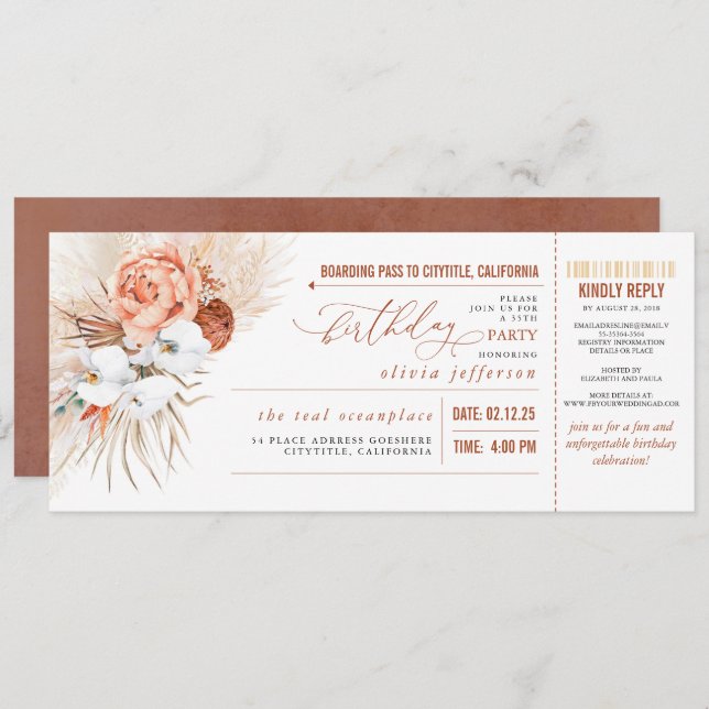 Boarding Pass Tropical Floral Birthday Ticket Invitation (Front/Back)