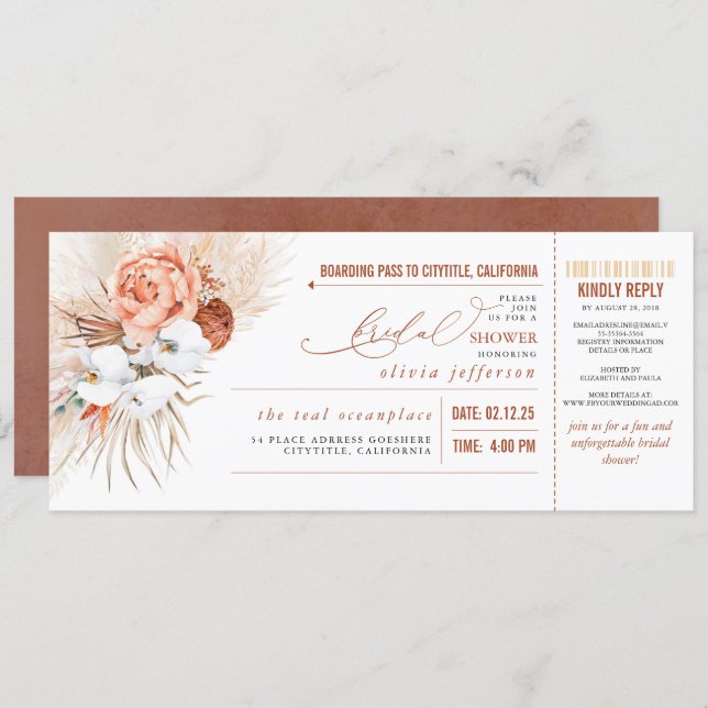 Boarding Pass Tropical Floral Bridal Shower Ticket Invitation (Front/Back)