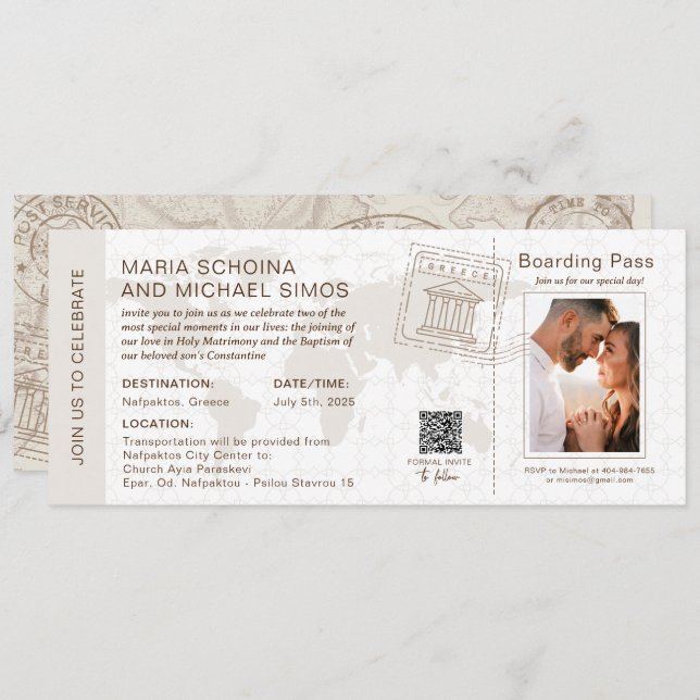 Boarding Pass Wedding & Baptism Greece New Invitation (Front/Back)