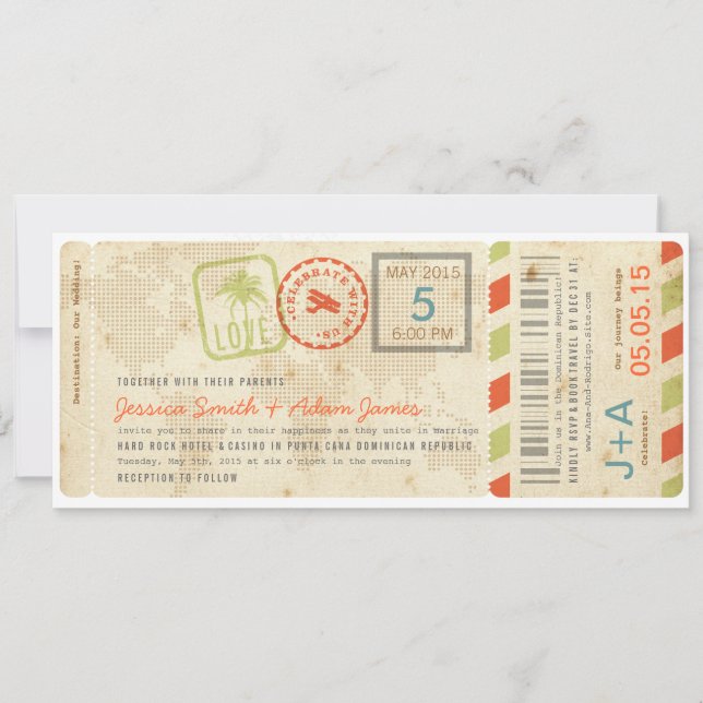 Boarding Pass Wedding Invitation in Citrus Colours (Front)