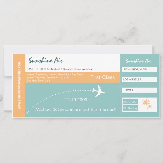 Boarding Pass Wedding Invitation turquoise orange (Front)