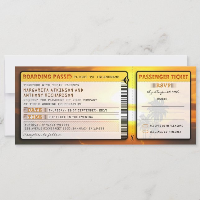 boarding pass wedding tickets-invites with rsvp invitation (Front)