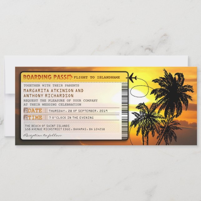 boarding pass wedding tickets-invites with sunset invitation (Front)