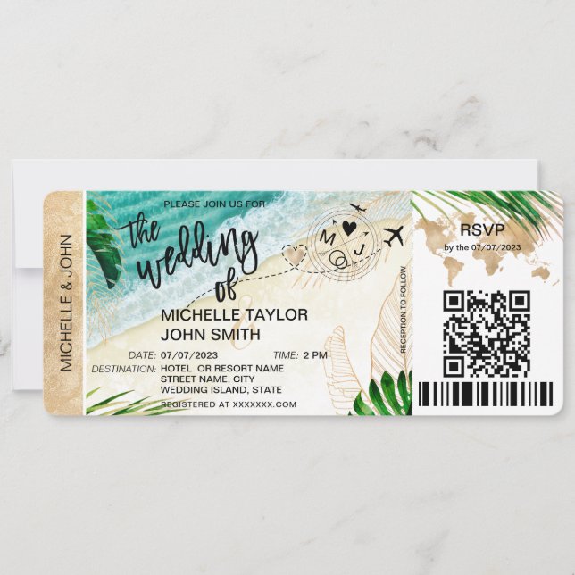 Boarding Pass World Map Island Beach RSVP QR code Invitation (Front)