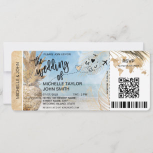 Boarding Pass World Map Island Beach RSVP QR code  Invitation