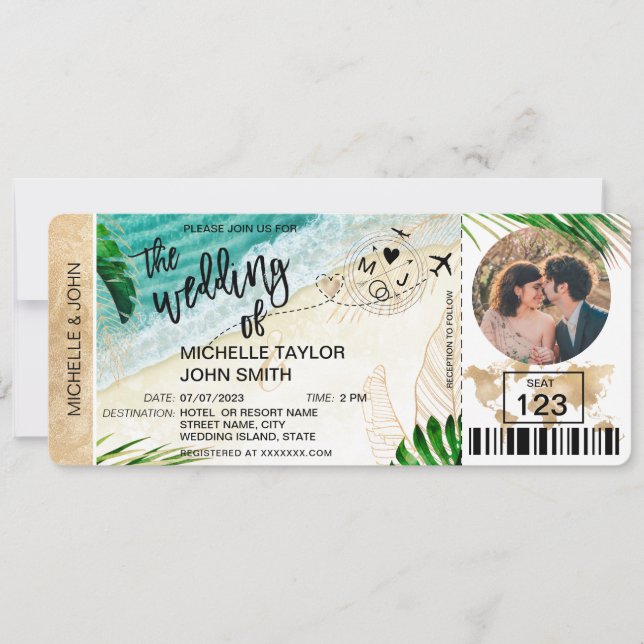 Boarding Pass World Map Tropical Beach Photo Invitation (Front)