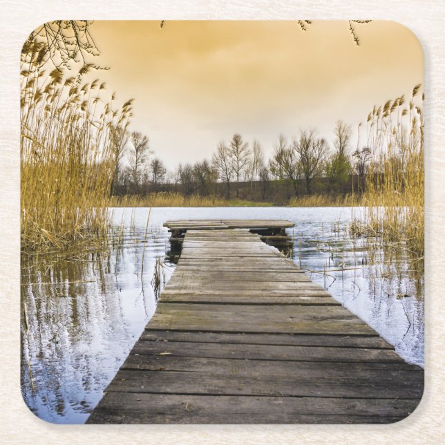 Boardwalk Dock on Ukraine River Square Paper Coaster (Front)