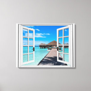 Boardwalk Ocean View Faux Window Canvas Print