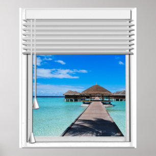 Boardwalk Pier Sea View Fake Window With Blinds Poster