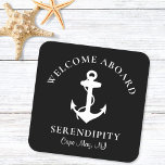 Boat Anchor Black Personalised Square Paper Coaster<br><div class="desc">Chic and modern nautical-themed coasters for your boat's guests that feature a white illustration of an anchor on a black background. Personalise the "Welcome Aboard" text and your boat's name and location in elegant white typography.</div>