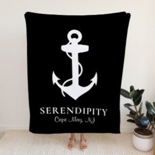 Boat Anchor Monogram Black Fleece Blanket