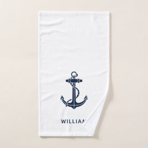 Boat Anchor Nautical Navy Blue Personalised Hand Towel
