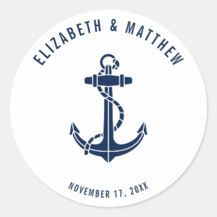 Boat Anchor Navy Blue Beach Wedding Custom Classic Round Sticker