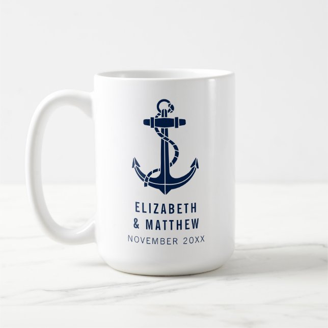 Boat Anchor Navy Blue Beach Wedding Custom Coffee Mug (Left)