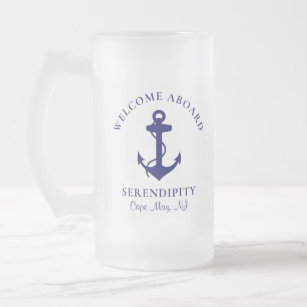 Boat Anchor Navy Blue Personalised Frosted Glass Beer Mug
