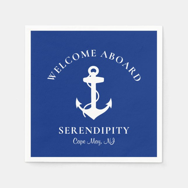 Boat Anchor Navy Blue Personalised Welcome Aboard Napkin (Front)