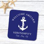 Boat Anchor Navy Personalised Square Paper Coaster<br><div class="desc">Chic and modern nautical-themed coasters for your boat's guests that feature a white illustration of an anchor on a navy blue background. You can personalise the "Welcome Aboard" text and your boat's name and location in elegant white typography.</div>