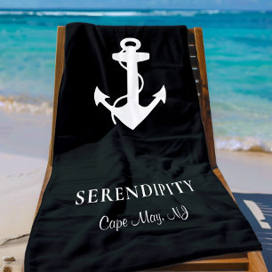 Boat Anchor Personalised Black Beach Towel