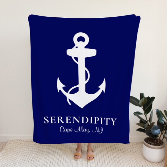 Boat Anchor Personalised Navy Blue Fleece Blanket (Creator Uploaded)