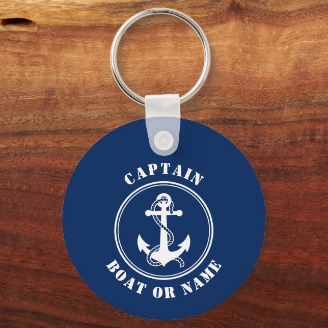 Boat Anchor Rope Captain Name Photo Back Navy Key Ring (Front)