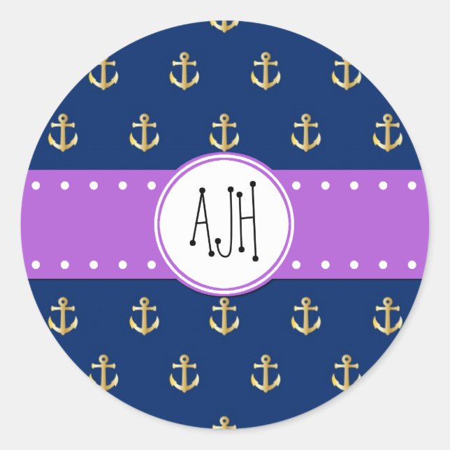 Boat Anchor, Ship Anchor, Sea Anchor, Monogram Classic Round Sticker (Front)