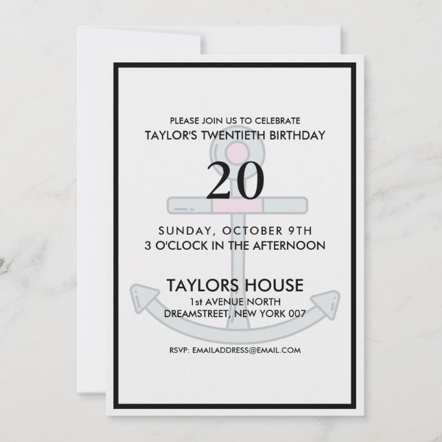 Boat Anchor Trendy Custom Birthday Party Invitation (Front)