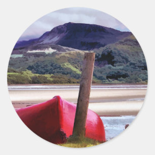 BOAT AND MOUNTAIN LANDSCAPE CLASSIC ROUND STICKER