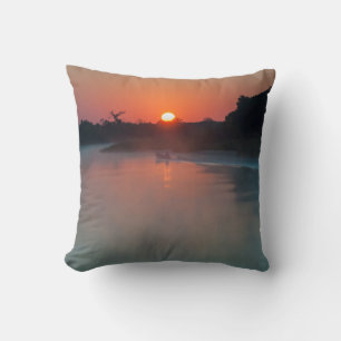 Boat At Sunrise On The River Cushion