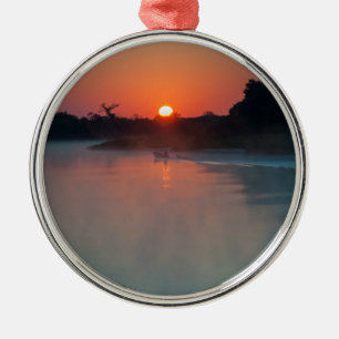 Boat At Sunrise On The River Metal Ornament